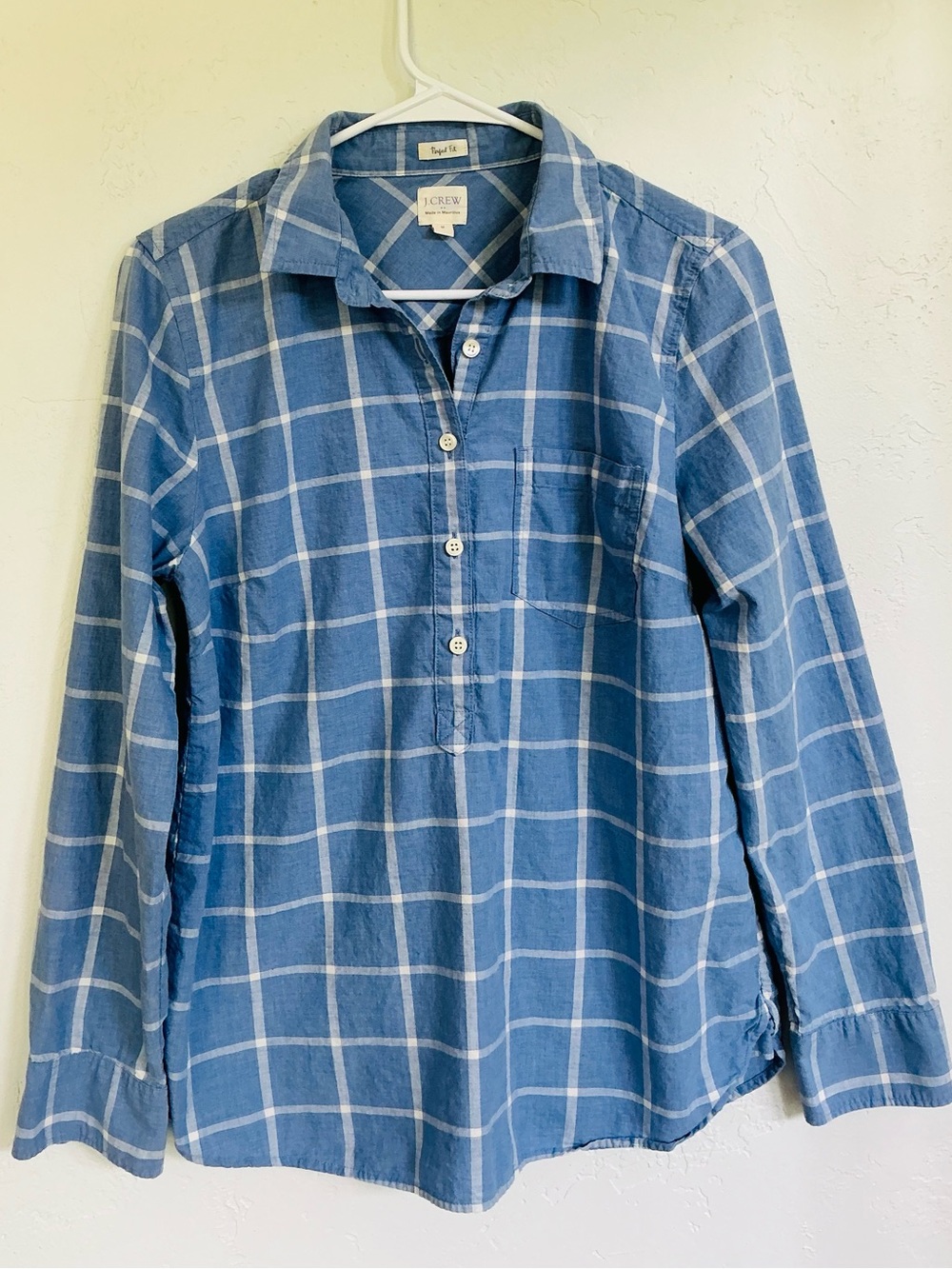 J. Crew Blue and White Windowpane Plaid Button Henley Shirt